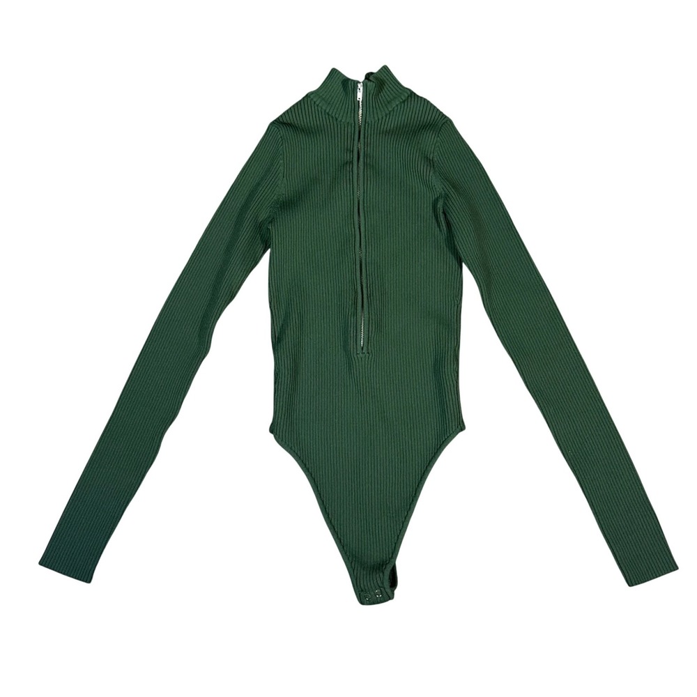 Good American Virgo Bodysuit NWOT Women's S Green Ribbed 1/4 Zip Mock Neck Thong - Picture 2 of 9